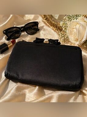 Vintage Black Satin Clutch Bag Bow Frame Evening Purse USA